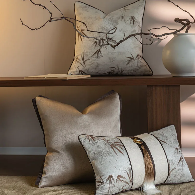 Chinese Retro Luxury Cushion Cover High Precision Bamboo Leaf Jacquard Pillow Covers Modern Pillow Case for Sofa Home Decor