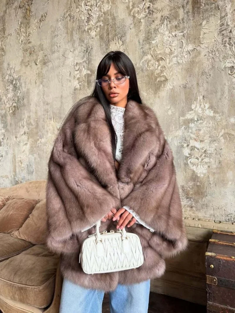 Women's Elegant Fake Fur Jacket Fashion Winter New Sleeve Bell Lapel Long Sleeve Coat Luxury Daily High Street Lady Outwear