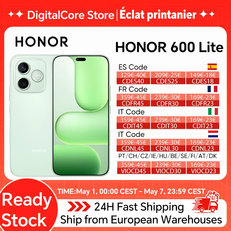 Nouveau smartphone HONOR 600 Lite 5G 2026, MediaTek Dimensity 7100 Elite, écran AMOLED 6,6 pouces 120 Hz, batterie 6520 mAh, SuperCharge 45 W, appareil photo IA 108 MP