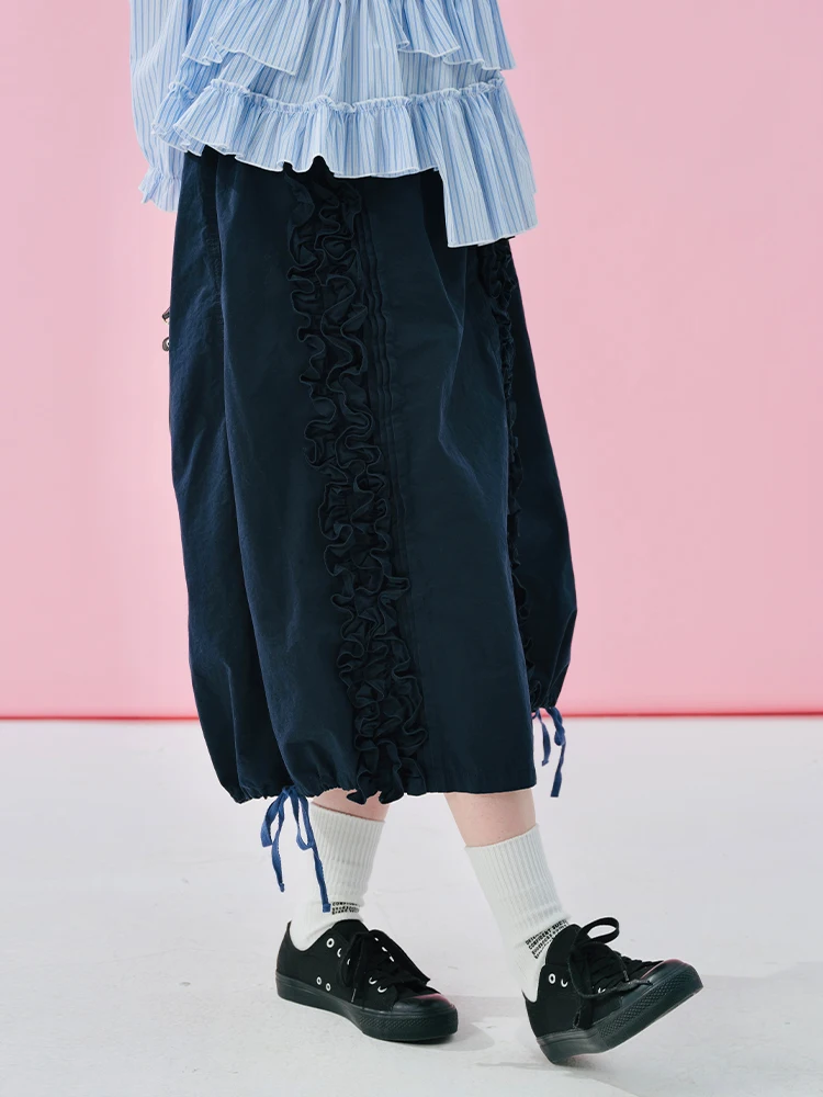 Elegante falda midi plisada azul marino Diseño único en forma de brote Ideal para reuniones casuales Exuding Charming Temperame 244966