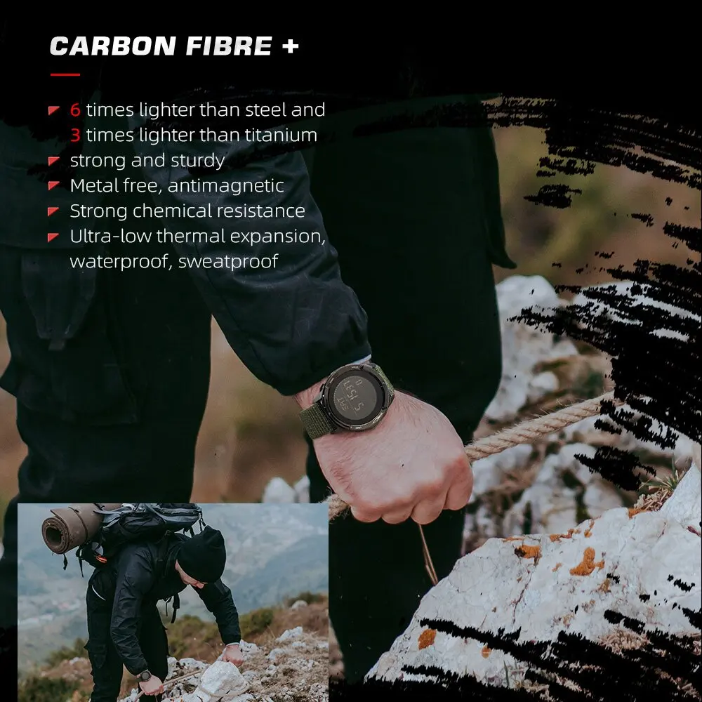 NORTH EDGE ALPS Reloj Digital de fibra de carbono para hombre Shock Militray Sports Super ligero Brújula para exteriores Relojes de pulsera impermeables de 50 M