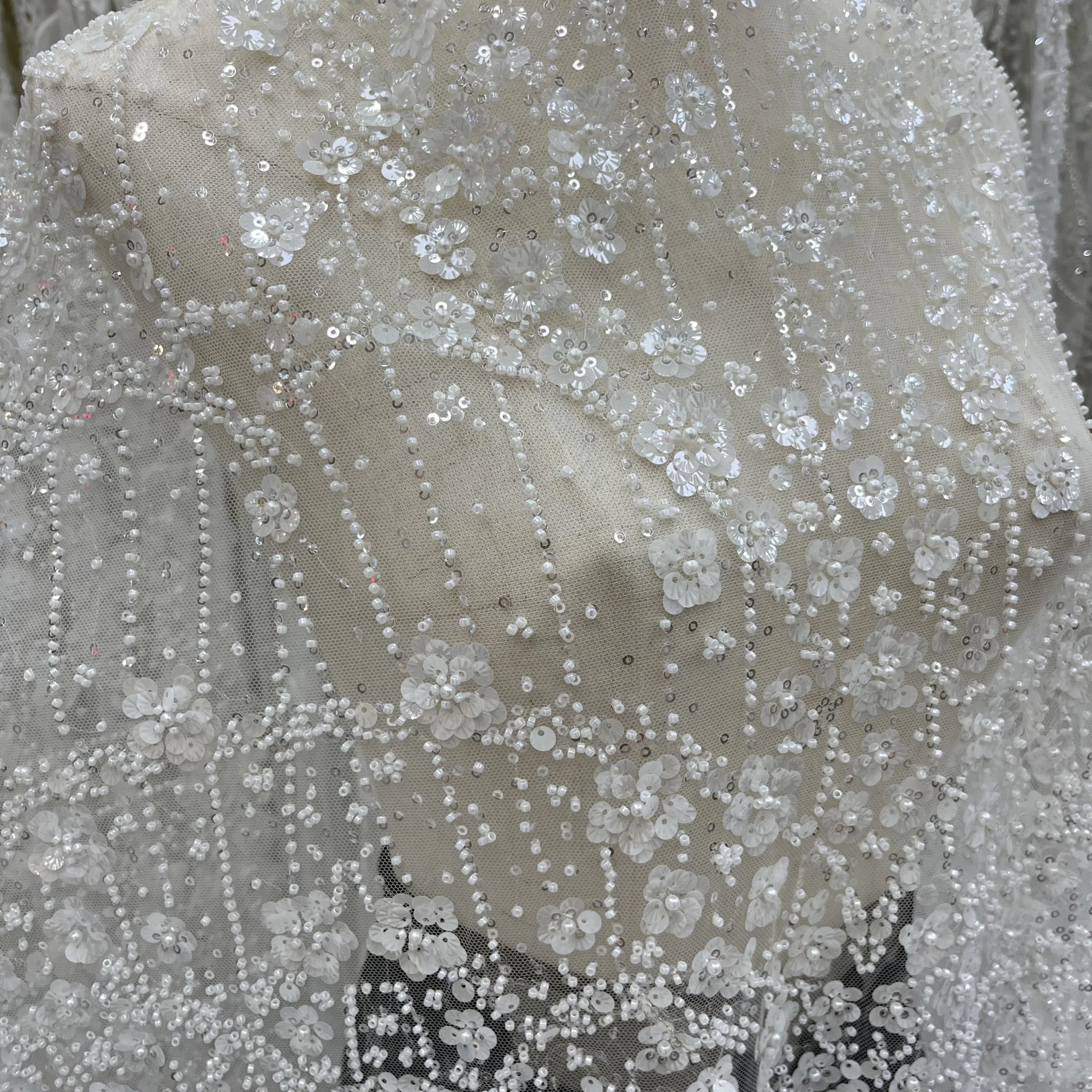 New High-Grade Sequins Beads Lace Embroidery Wedding Women Dress Fabric Designer Personalized Fabrics