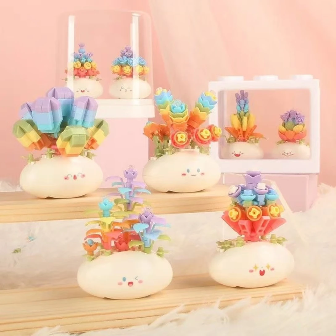 NBNB Rainbow Oasis Cute Succulent Potted Plants Everlasting Flowers Building Blocks Assembled Model Toys Bedroom Ornaments Gifts