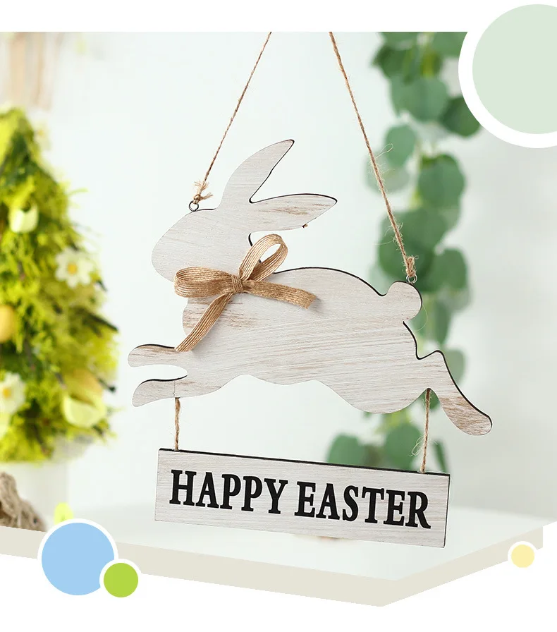 Cute Bunny Happy Easter Wooden Hanging Sign Easter Party Door Wall home Decoration wood Pendant Welcome Wreath Easter Supplies