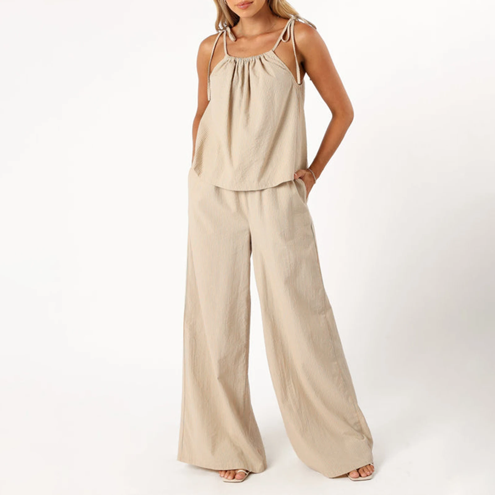 

Women's 2 Piece Aesthetic Strappy Camisole Paired with Loose Wide Leg Pants Summer Casual Daily Striped Outfit