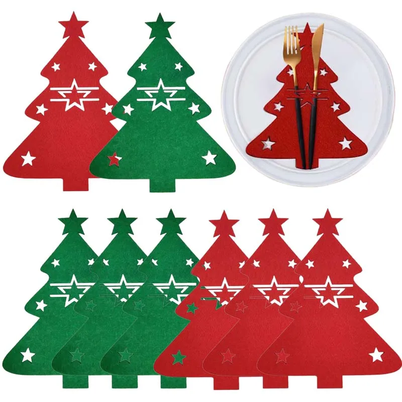 크리스마스 커트레이 그린 레드 크리스마스 트리 펠트 거치대 백, 나이프 포크 스푼, 크리스마스 새해 테이블 장식, 팩당 12 개