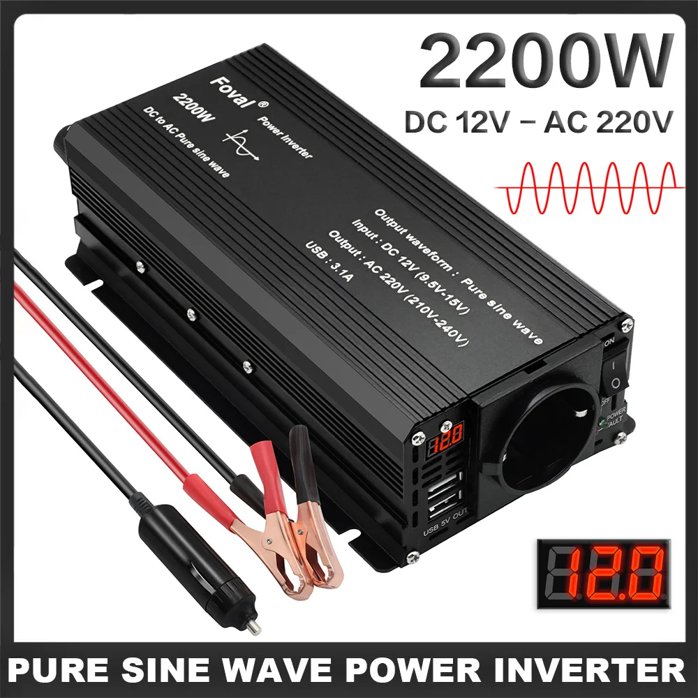 

DC 12V TO AC 220V 1500W/2200W Car Power Inverter 50Hz/60Hz Pure Sine Wave Converter Adapeter Dual USB LED Display For RV/Outdoor