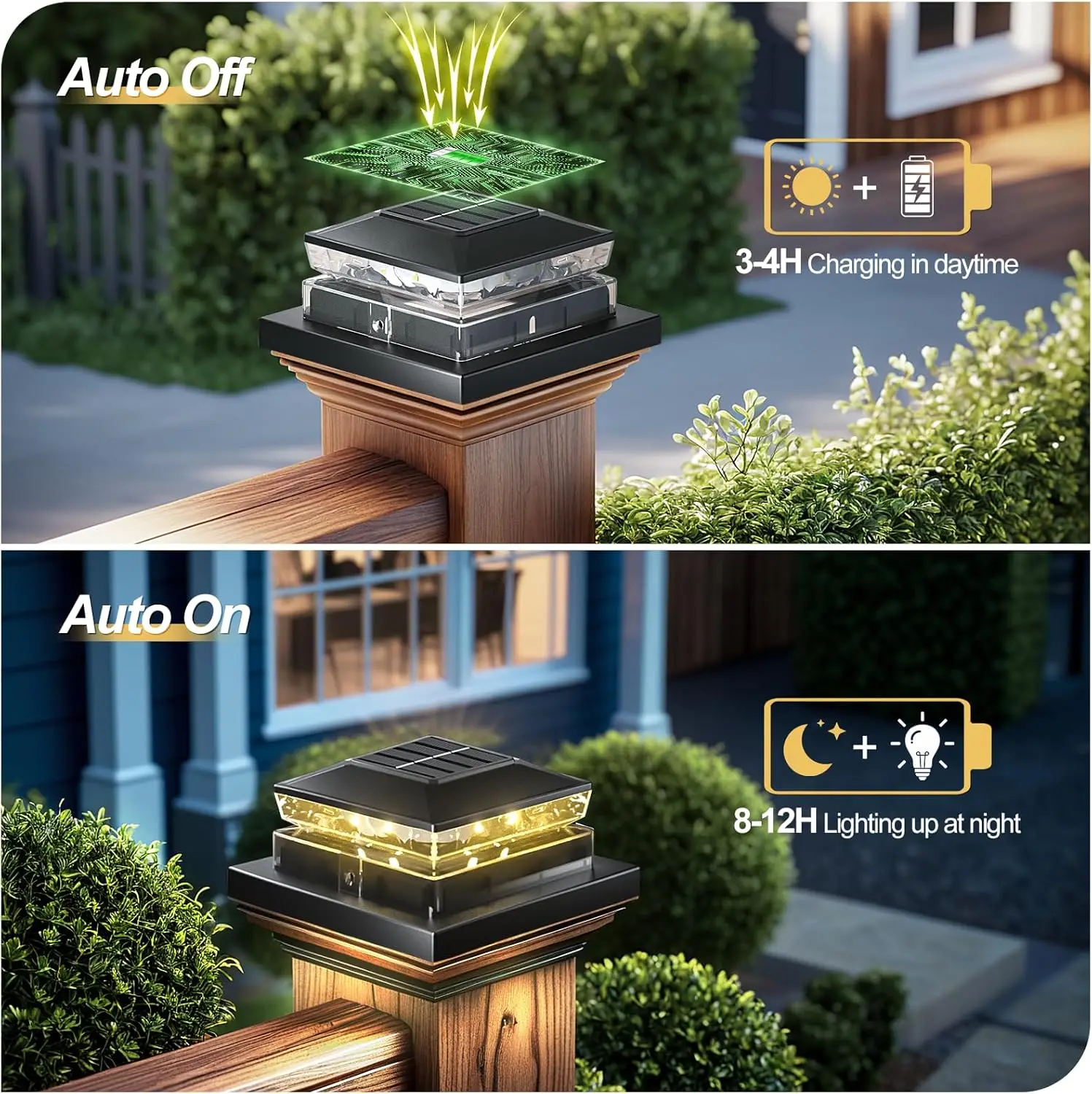 Solar-Pfostenkappenleuchte, 6er-Pack, wasserdichte IP65-Außenleuchten für Deck, Garten, Terrasse – warmweiß, passend für 3,5 x 3,5, 4 x 4, 5 x 5 Holz/Vi