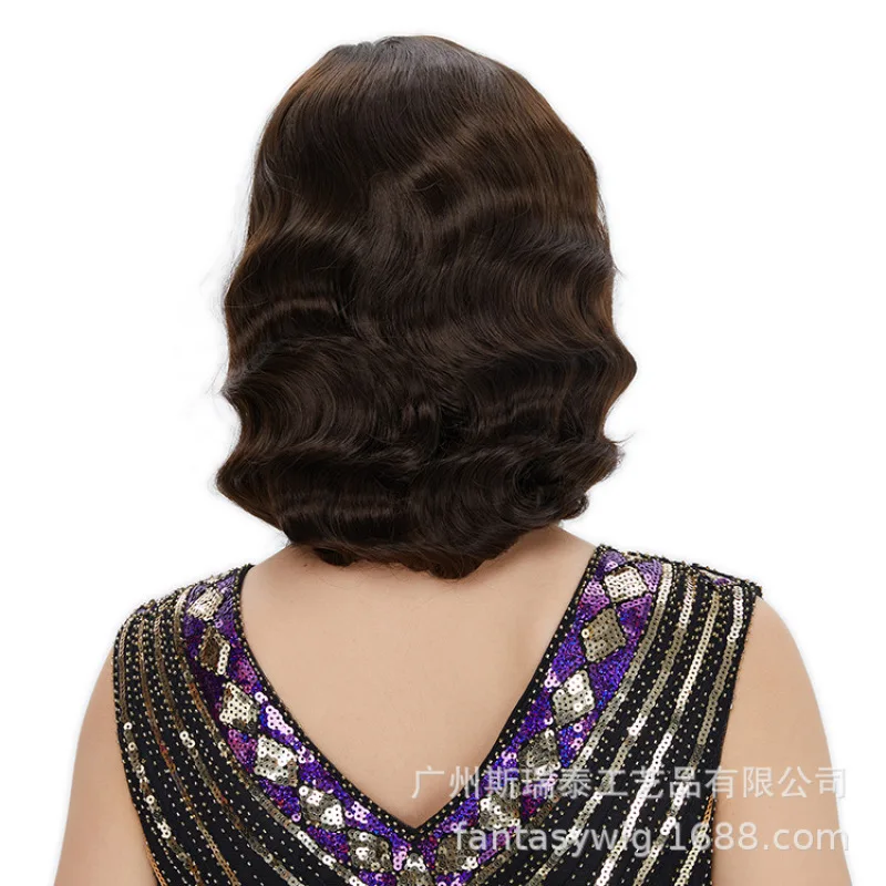 ショートカーリーウィッグ1920s,ヴィンテージスタイル,女性用ヘアアクセサリー,サイドパーツ,ボディ,ウェーブ,ゴールド,ブロンド,ブラウン,パーティーコスチューム