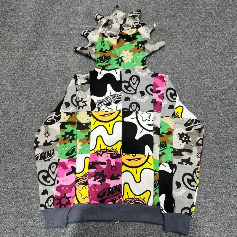 Spike Hooded Patchwork Zip Sweatshirt Men Women Glo Gang Sun Face Graffiti Oversized Streetwear Jacket