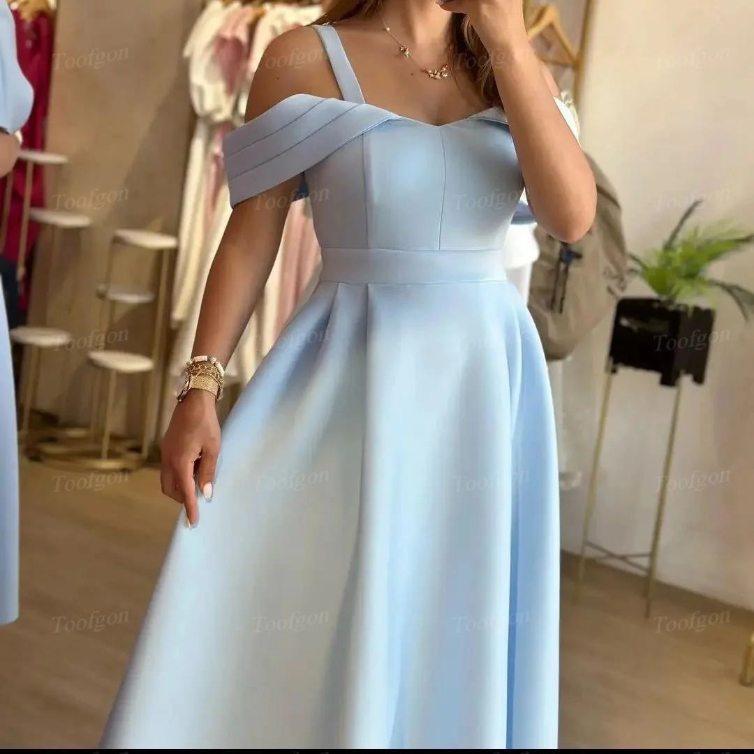 Toofgon Simple Matte Satin Wedding Bridesmaid Dresses Formal Cocktail Party Short Evening Gowns Straps Midi Women Prom Dress