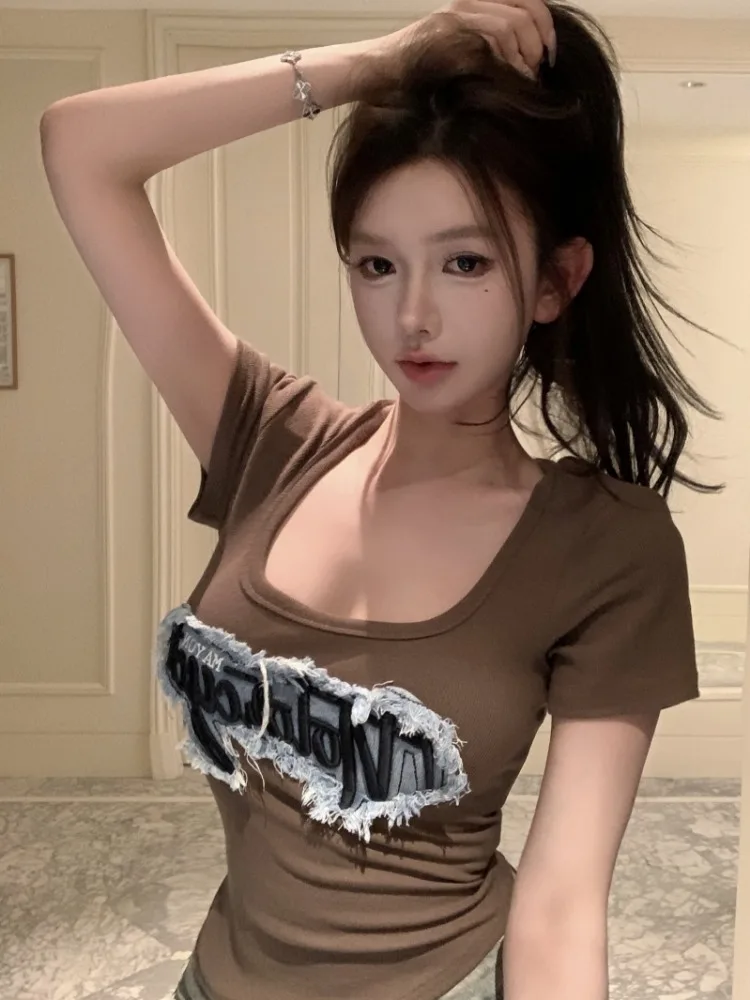 

American Style Short Sleeve T-Shirt Women Summer Pure Desire Sexy Clavicle Tight Short Jeans Patchwork Top Retro Hot Girl