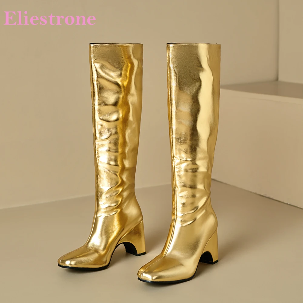 

2025 Новые зимние модные золотисто-черные женские сапоги до колена на высоком каблуке Женские модельные туфли Плюс Маленький большой размер 32 12 43 46 48