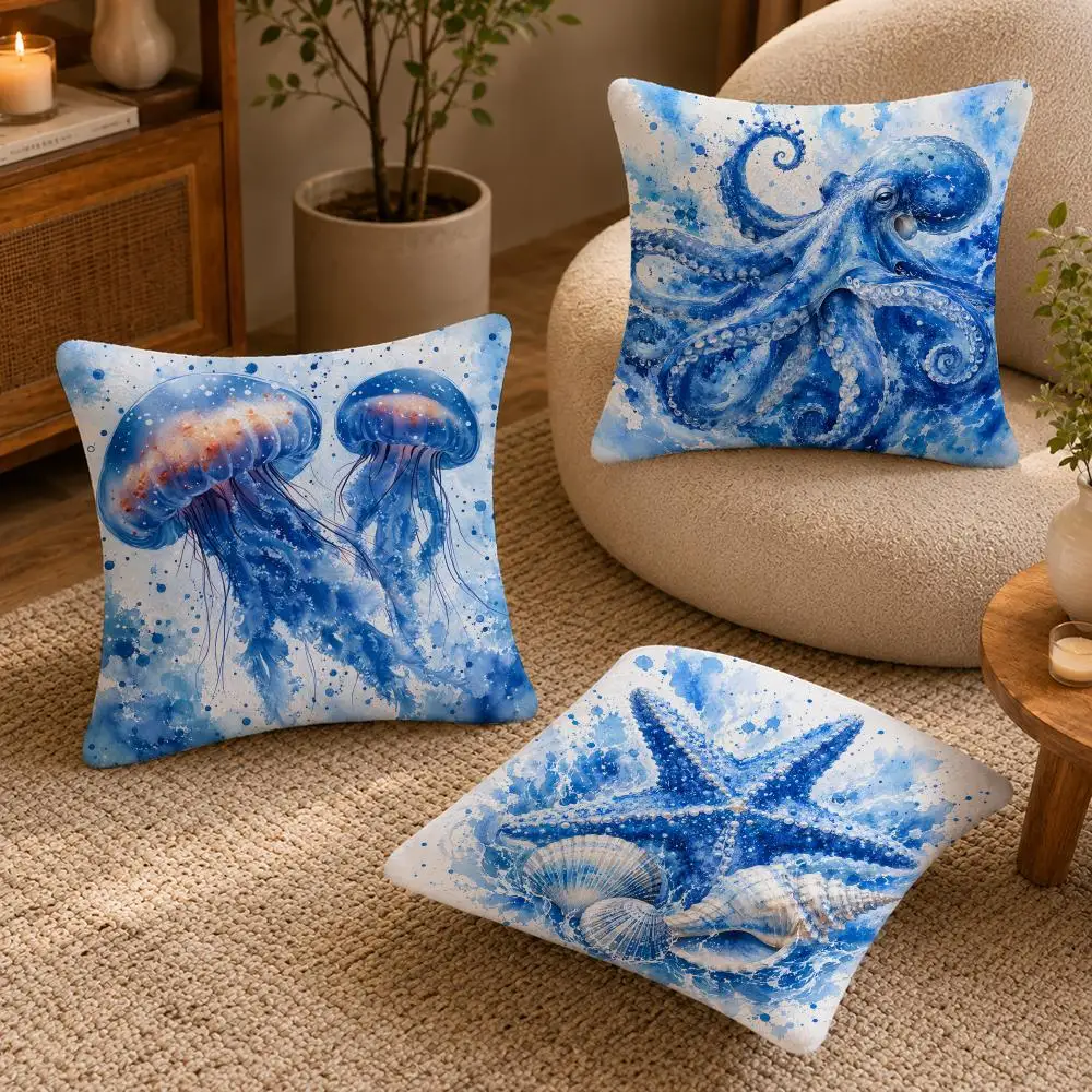 Starfish Shell Whale Turtle Cushion Cover Soft Short Plush Pillow Case Double Sided Print Washable Sofa Bed Home Decor Gift