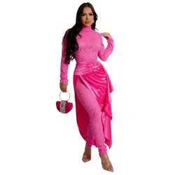 Sexy Solid Color Round Neck Long Sleeved Slim Fitting Jumpsuit Paired with A Lace Up Half Body Cape Skirt 2 piece Set for Women