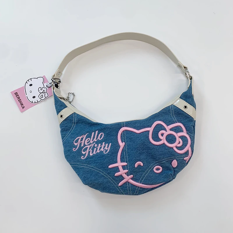 Sanrio Hello Kitty Сумка в форме полумесяца Симпатичная сумка на плечо с мультяшным принтом и вышивкой Ретро Джинсовая сумка в форме полумесяца Большая вместительная женская сумка Подарки