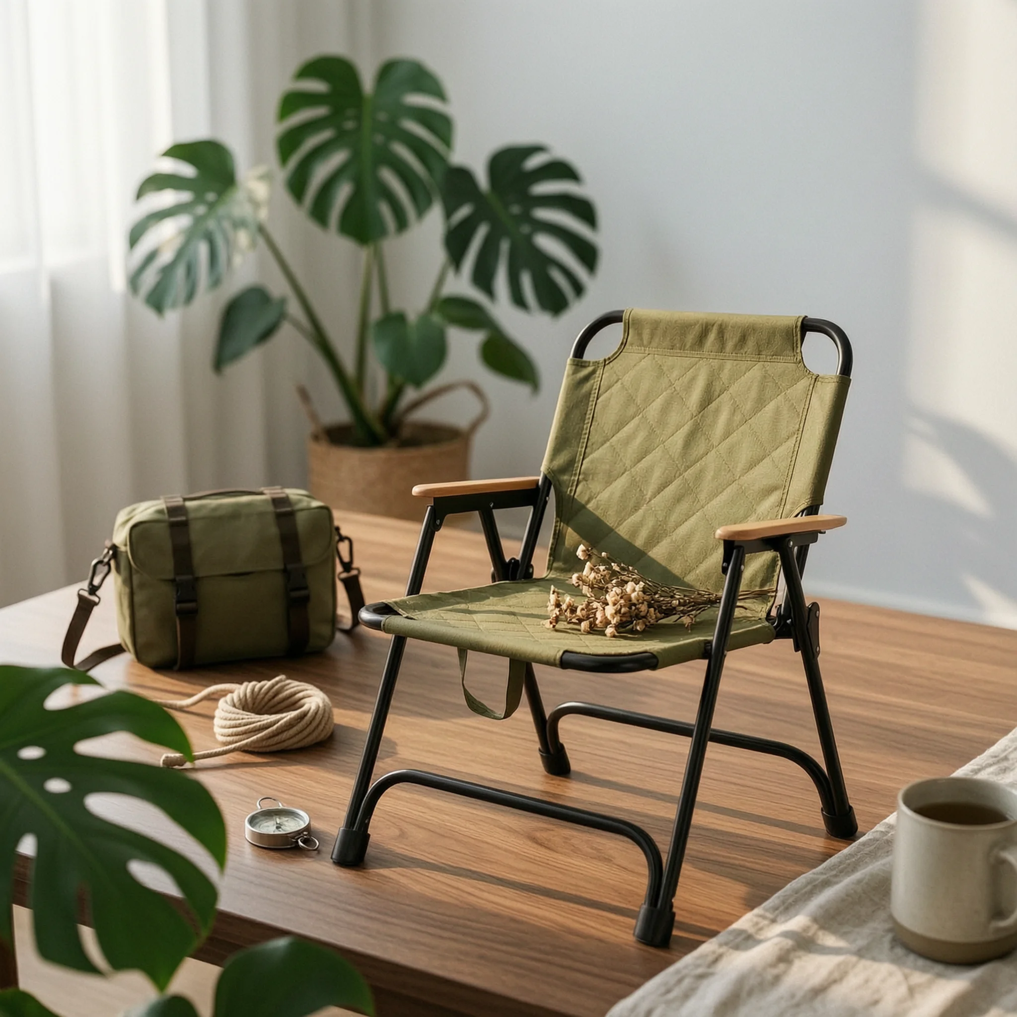 Camping Lounge Chair Quilted Folding Lounge Chair Outdoor Furniture Wood-Look Armrests Portable