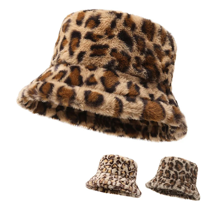 Hat Woman Winter Show Face Little Leopard Print Fisherman Hat Woman Versatile Warm Pot Hat Ins Plush Bucket Hat