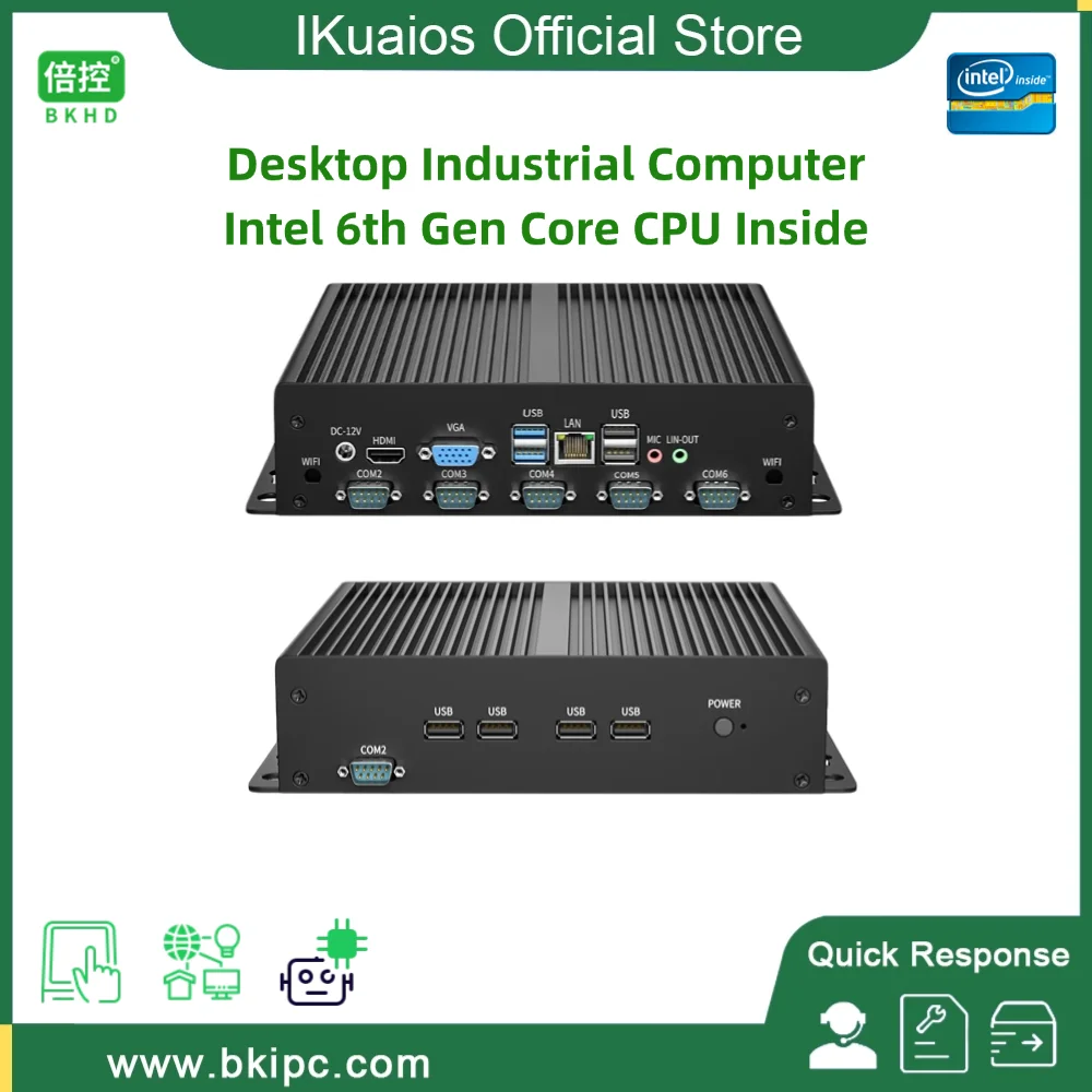 IKuaiOS 팬리스 IPC 자동화 IoT 머신 비전 Win7 10 우분투 1356-TI4, 6 세대 코어 i3 i5 6COM RS232 RS485, G26