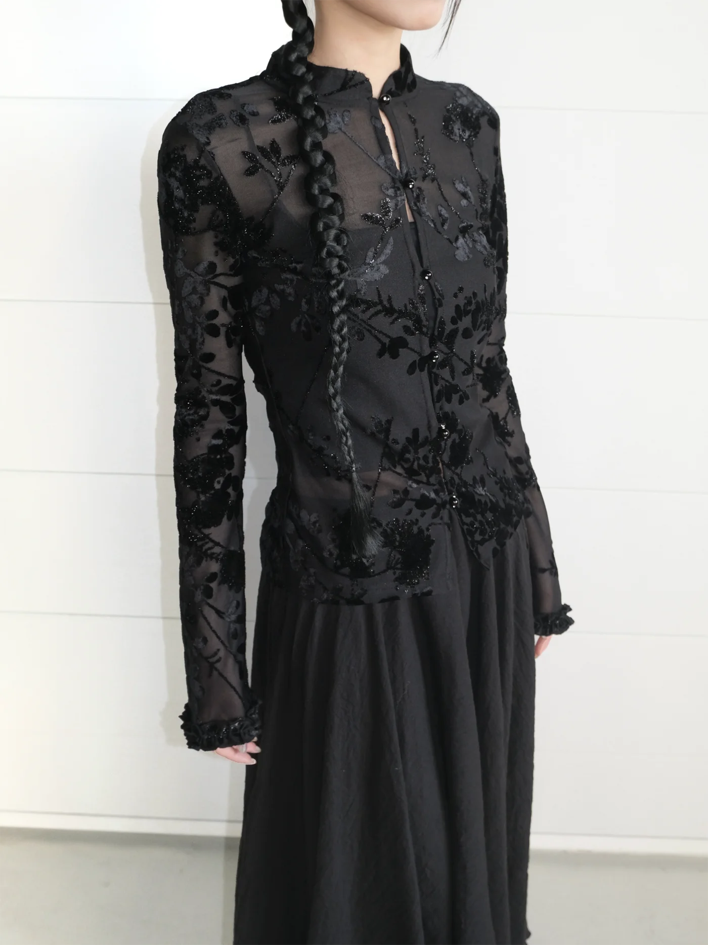 

Женская футболка с длинным рукавом и цветочным узором в китайском стиле, шелковая, с эффектом драпировки, дизайнерская модель, базовая модель в национальном стиле