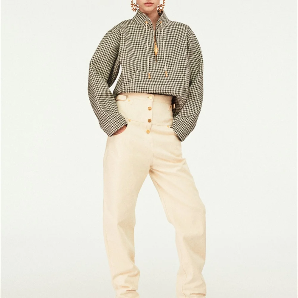 

2025 Autumn Women's Plaid Jacket, Houndstooth, Turtleneck, Loose Fit, Sweatshirt, Pullover, Y2K New High-Quality Outerwear bra