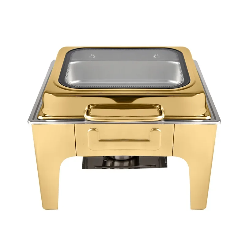 

Gold-plated stainless steel square buffet furnace hotel restaurant heating and holding furnace hydraulic large glass cover buffe
