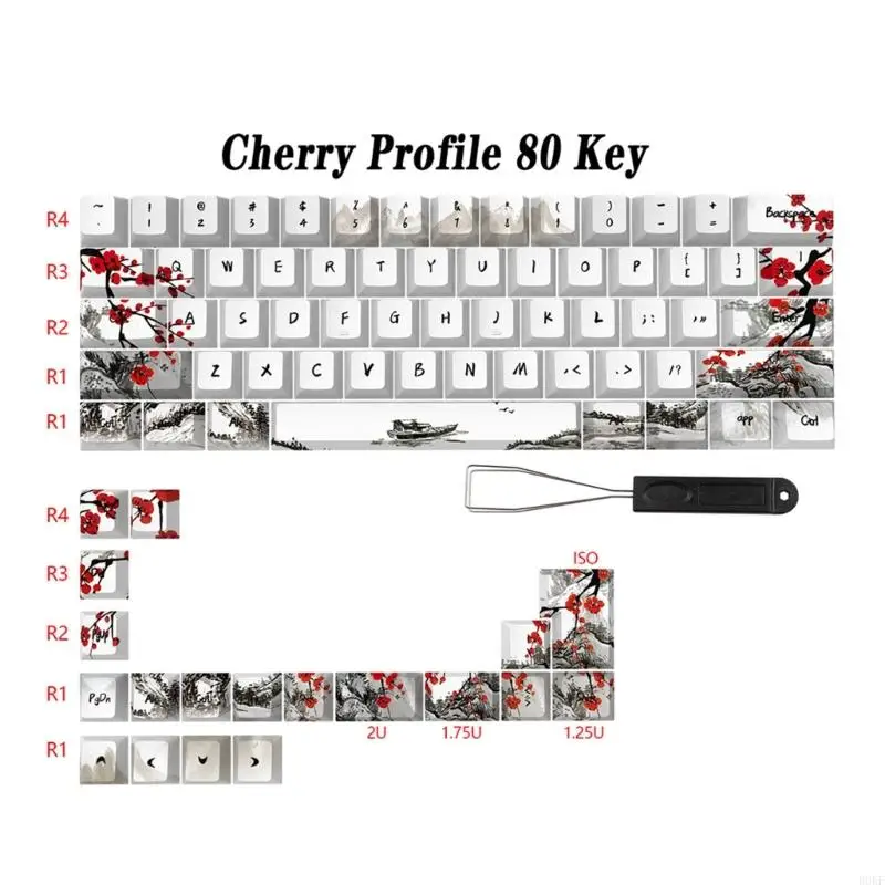 B0KF German French Spain Plum Blossom Keycaps for Qwertz Azerty 61 64 67 68 Layout Mechanical Keyboard Keycap