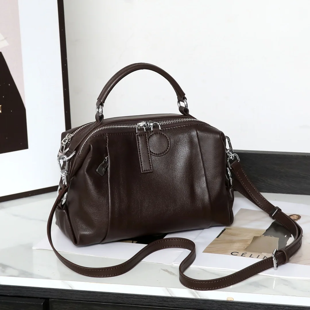 

2026 Top-grain Cowhide Handbag, Large-capacity Boston Shoulder Versatile and Retro Commuter Crossbody Designer Luxury Bag