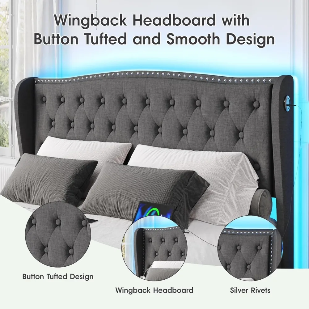 إطار سرير Vabches مقاس كوين LED مع أدراج تخزين ومحطة شحن، إطار سرير بمنصة منجدة مع رأس مجنح #6