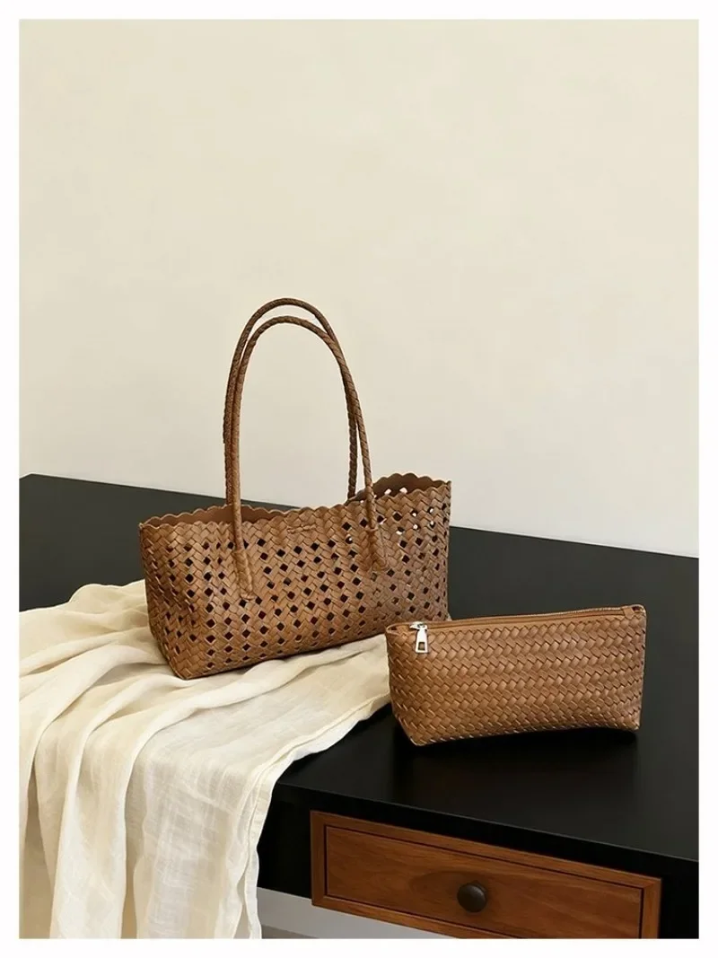 CEEKAY Damen-Tragetasche, orange, gewebtes Kunstleder, große Schulterhandtasche mit Reißverschlusstaschen-Set, Sommer, Strand, Urlaub, Mode – Detail 5