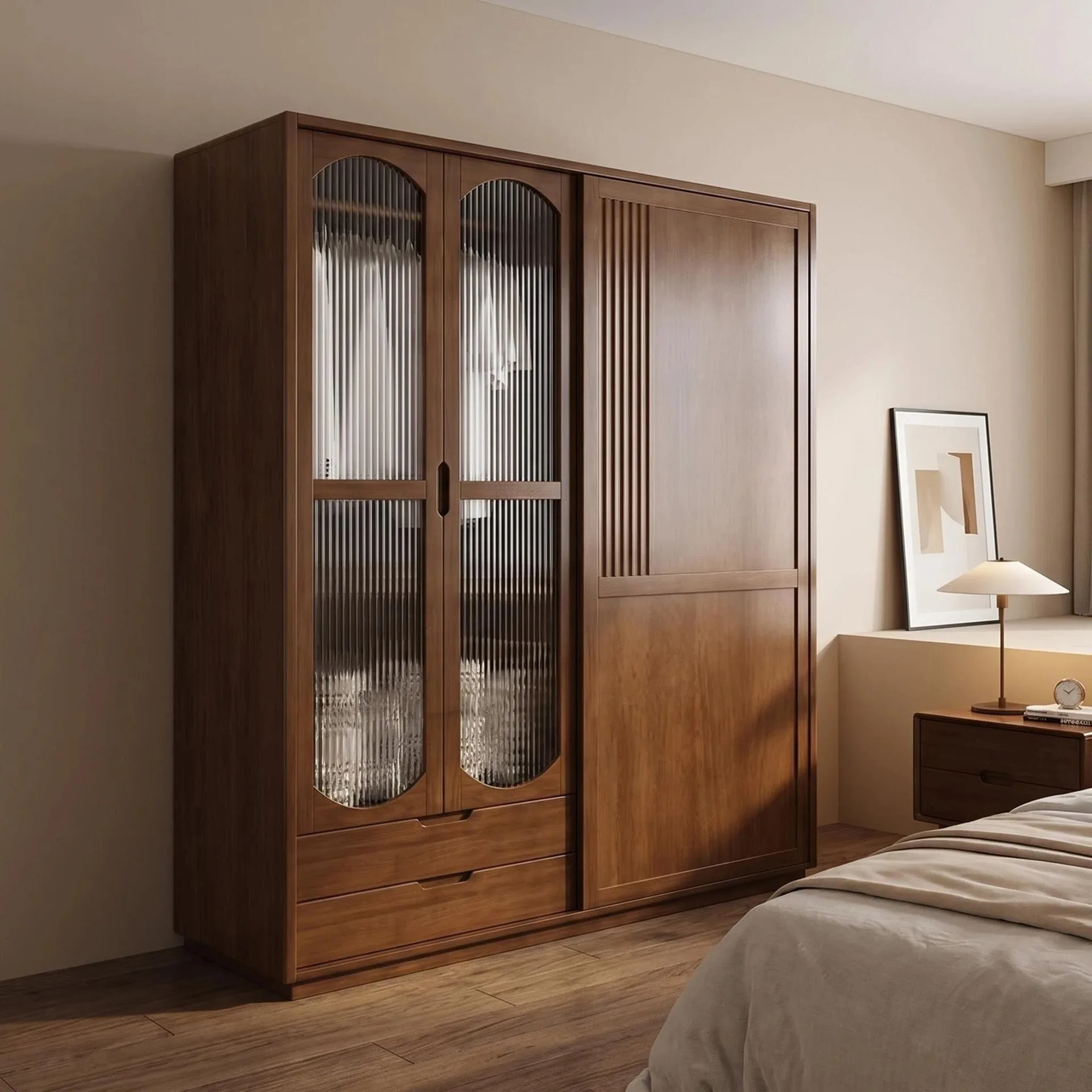 Japanese sliding door all solid wood wardrobe assembly master bedroom wardrobe floor large capacity