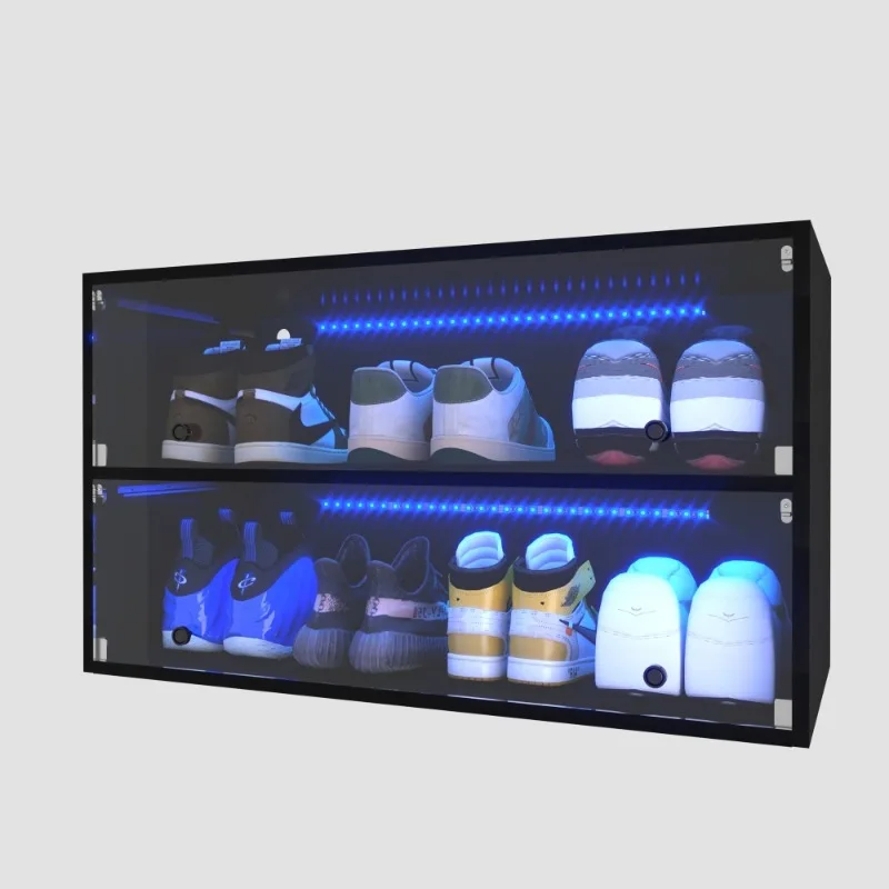 Collectible Display Shoe Box with LED Light Wooden Stackable Shoe Box with Sliding Glass Door Shoe Box for Displaying Sneakers