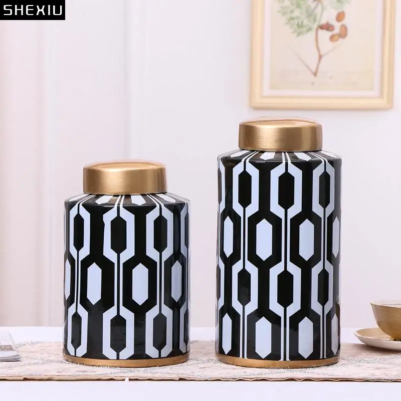 

Geometric Pattern Ceramic Vase Creative Black and White Stripes Decoration Crafts Storage Tank Living Room Table Home Decoration