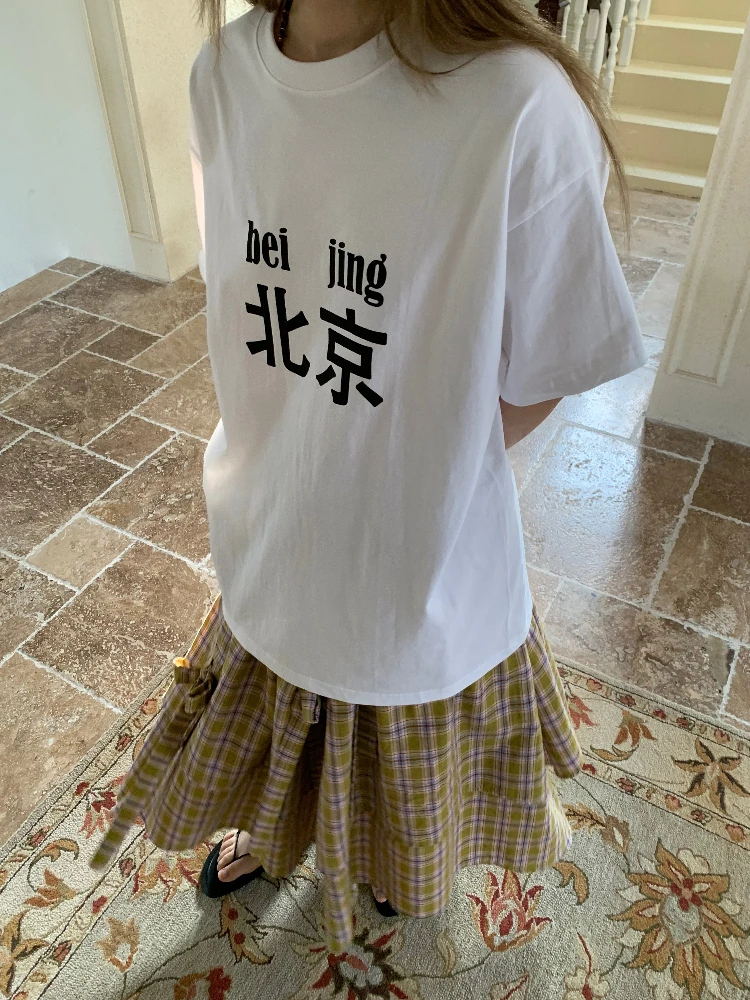 

Футболка Flofloflo Summer 2025 белая, свободного кроя, универсальная, повседневная, с круглым вырезом, женская, из смесового хлопка, с эффектом стройности