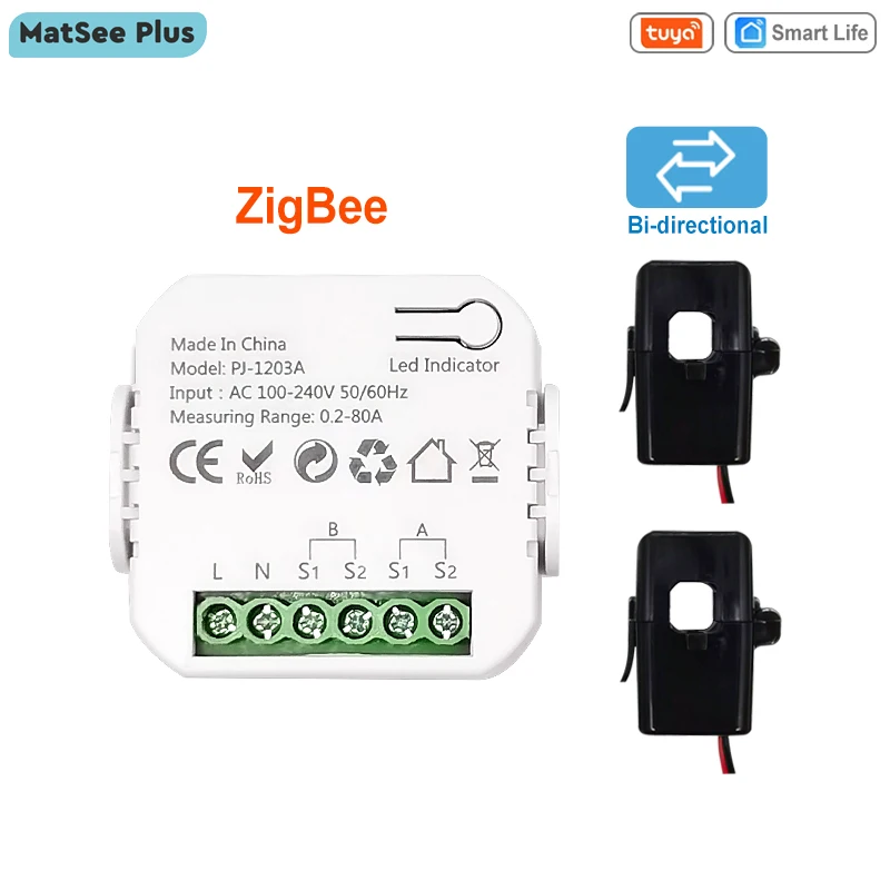 Tuya Smart Life ZigBee Enerji Monitörü 1, Akım Sensörü Kelepçeli 2 Kanal Çift Yönlü Uygulama Monitörü Gücü 110V/240V 50/60Hz