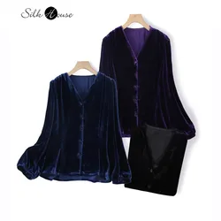 2024 Women's Fashion Autumn New 30% Natural Mulberry Silk Velvet Long Sleeve Versatile Solid Color V-neck Single Breasted Shirt