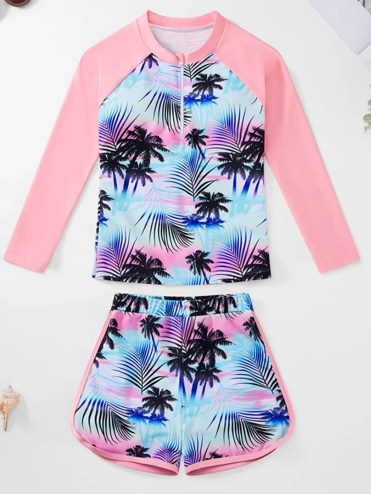 Zweiteiliger Badeanzug für Mädchen, langärmliges Rashguard-Shirt, schnell trocknender Badeanzug, Sommer-Strandkleidung