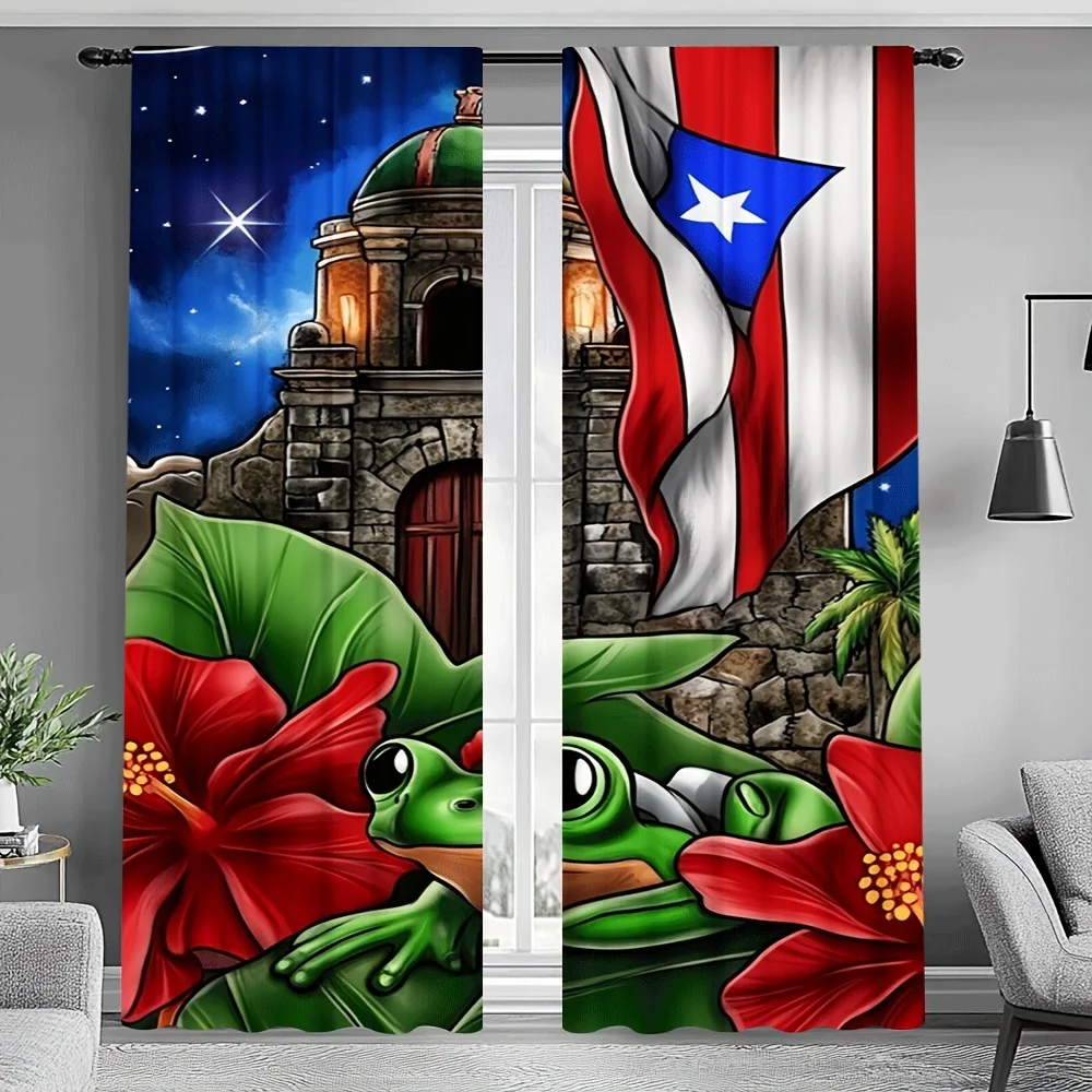 Puerto Rico Flag Curtains, Coqui Frog Hibiscus Graphic Window Drapes, Caribbean Home Decor, Blackout Fabric for Living Room