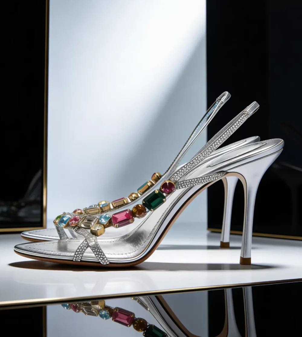 Silver Metallic Crystal-Embellished Sandals Multicolor Gemstone Straps Stiletto Heel Elegant Summer High-Fashion Lady Sandals - view 6