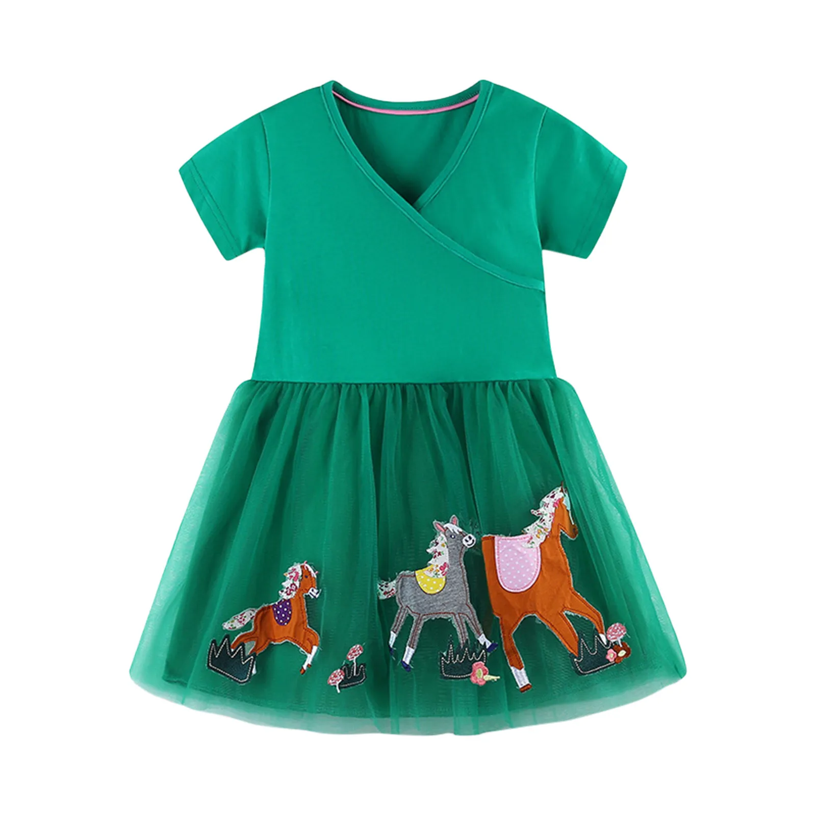 Summer Green Toddler Girls Tulle Dress 1 23 4 5 6 7yrs old Short Sleeve V Neck Horse Print Pattern Dress Kid Casual Mesh Dress