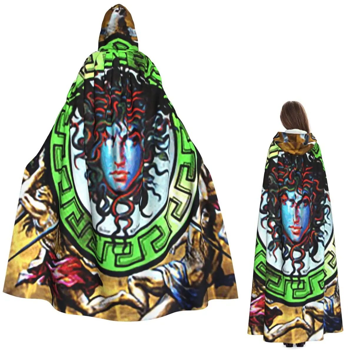 Máscara Dorada de Medusa de la Mitología Griega, Diseño de Pelo de Serpiente, Capa Larga con Capucha, Disfraz Medieval de Bruja, Capa de Cosplay, Halloween, Vampiro