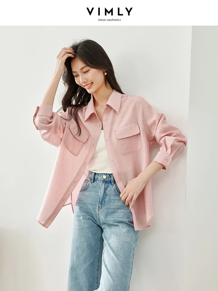 Vimly Pink Simple Button Up Thin Shirt Casual Loose Lapel Women\'s Blouse 2024 Spring Solid Drop Sleeve Tops for Women M5323