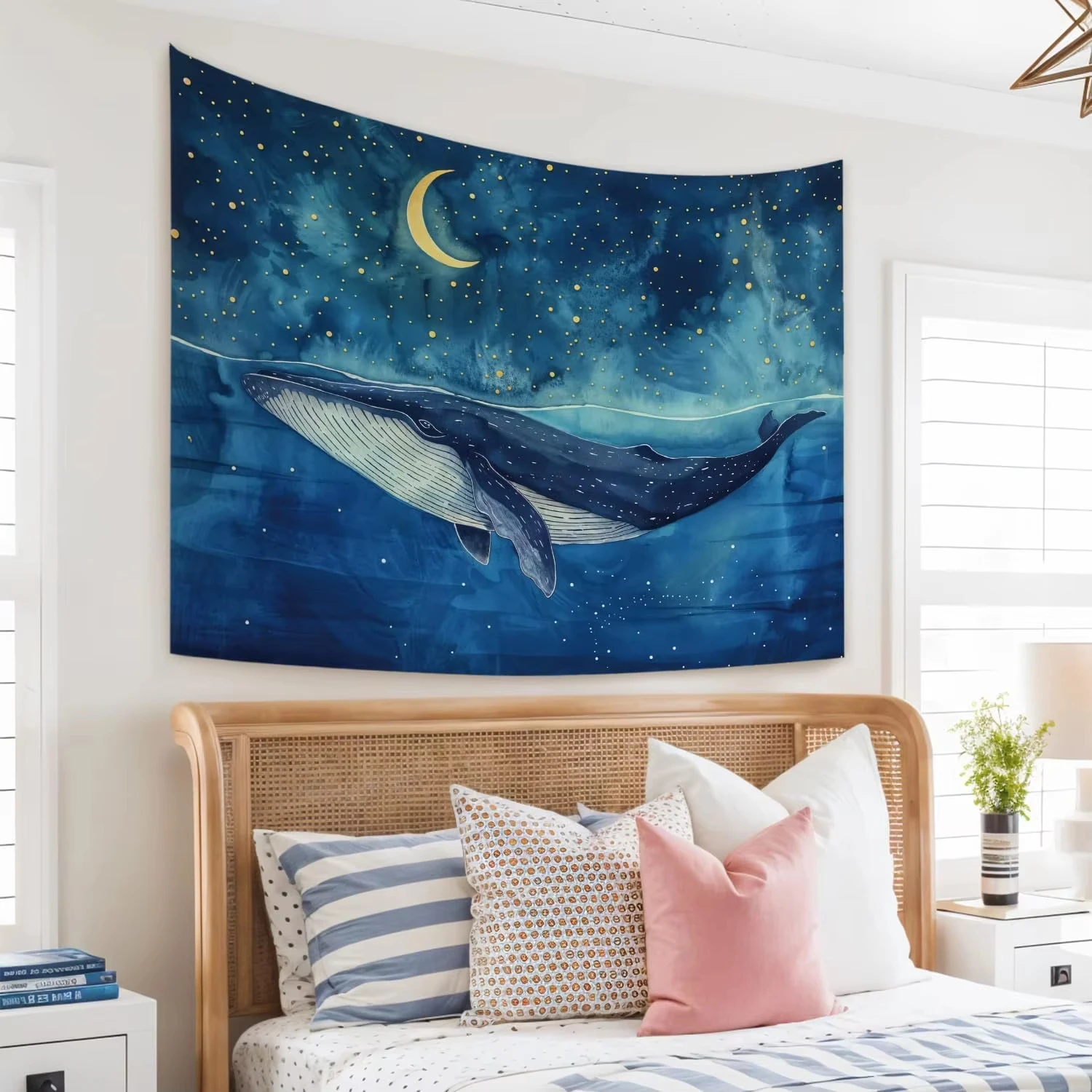 Starry Night Whale Tapestry, Ocean Blue Nursery Wall Hanging for Kids Bedroom Dorm Room Accessories