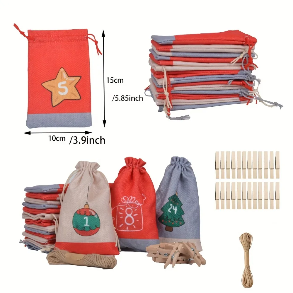 عيد الميلاد تقويم القدوم 2025 24 قطعة الرباط حقائب للهدايا الخيش معلقة العد التنازلي التقويم أكياس DIY بها بنفسك عيد الميلاد ديكورات المنزل