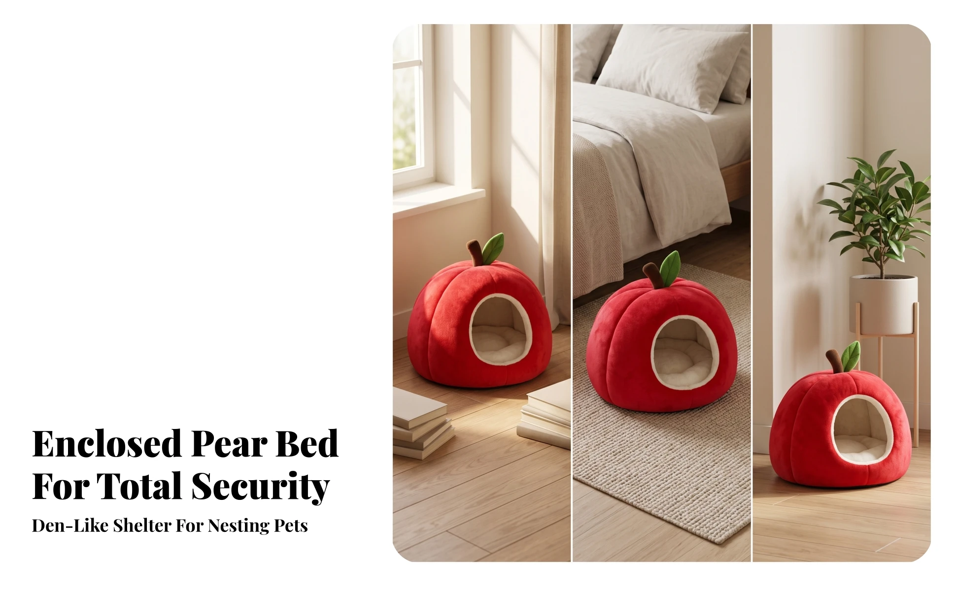 Apple-Shaped Pet Bed Cozy Enclosed Pet Bed with Removable Cushion Hideaway Cat House Warm Cat House with Cushion Soft for Cats