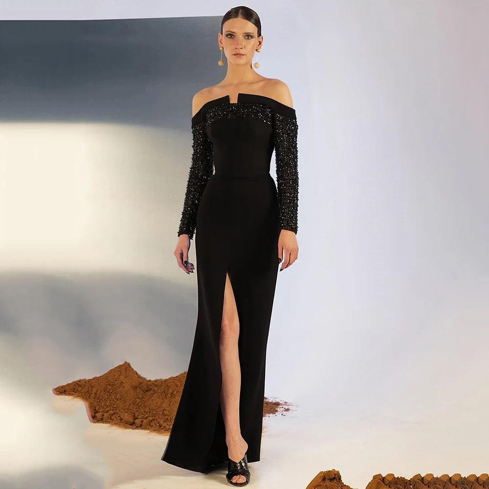 

Customized Boat Neck Mermaid Jersey Evening Dress With Sequined Full Sleeves Party Dress Floor Length Prom Gown For Women