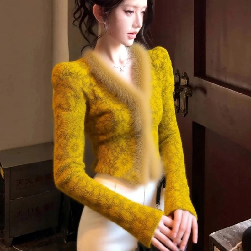 

2026 Spring Falll Women Fur Patchwork Lace Patchwork V Neck Irregular Top T Shirt , Woman Slim Yellow Tops Shirts