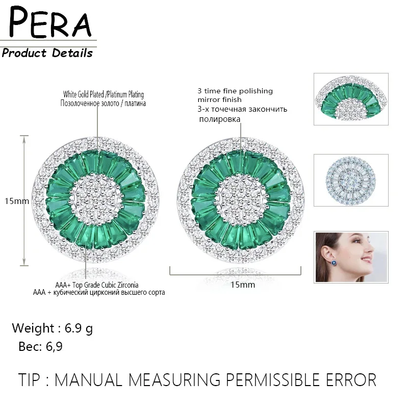 Pera Elegant Green Red Blue Cubic Zirconia Pave Setting Silver Color Women Party Big Round Shape Stud Earrings for Gift E207