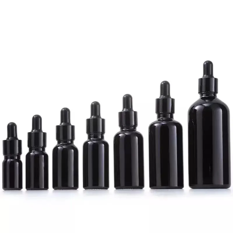 

5ml 10ml 15ml 20ml 30ml 50ml 100ml Refillable Black Glass Dropper Bottles For Beard Oil Essential Oil Perfume Cosmetic Container