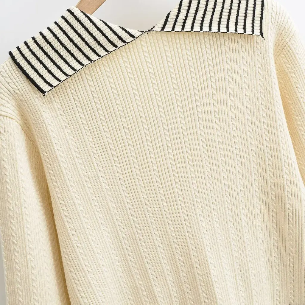 

Autumn New SLS-3524 Twisted Navy Collar Knitted Cardigan Striped Top Women's Fashion Open Cardigan Knitwear